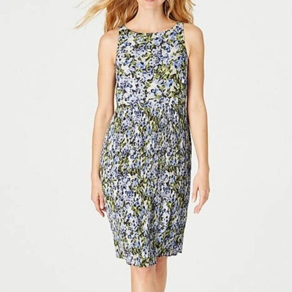 J Jill PS Dress Blue Green Floral Pleated Easter Garden Sleeveless Spring Granit - Picture 1 of 8